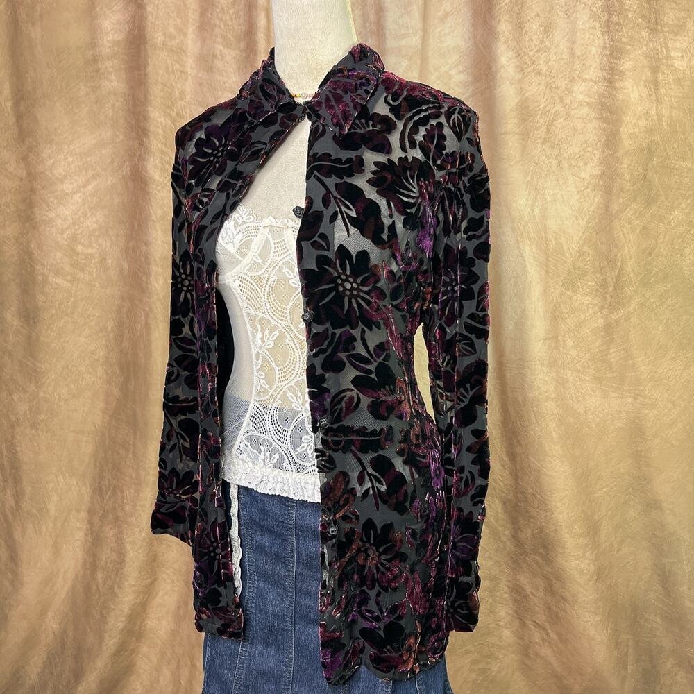 Vintage Floral Velour Shirt Y2K 2000s Sheer Burnout Button Up Shirt Whimsigoth